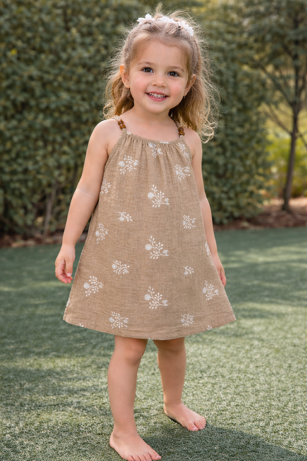 Sunny Meadow Floral Cotton Dress – Beige